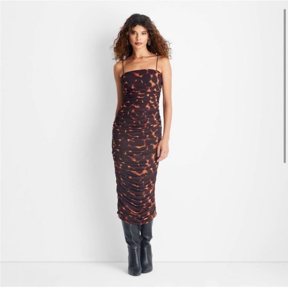 Black and Brown Ruched Bodycon Midi Dress